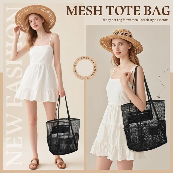 Women's Black Beach Tote Bags Causal Pool Bags For Mom Travel Swimming Vacations - Picture 2 of 6